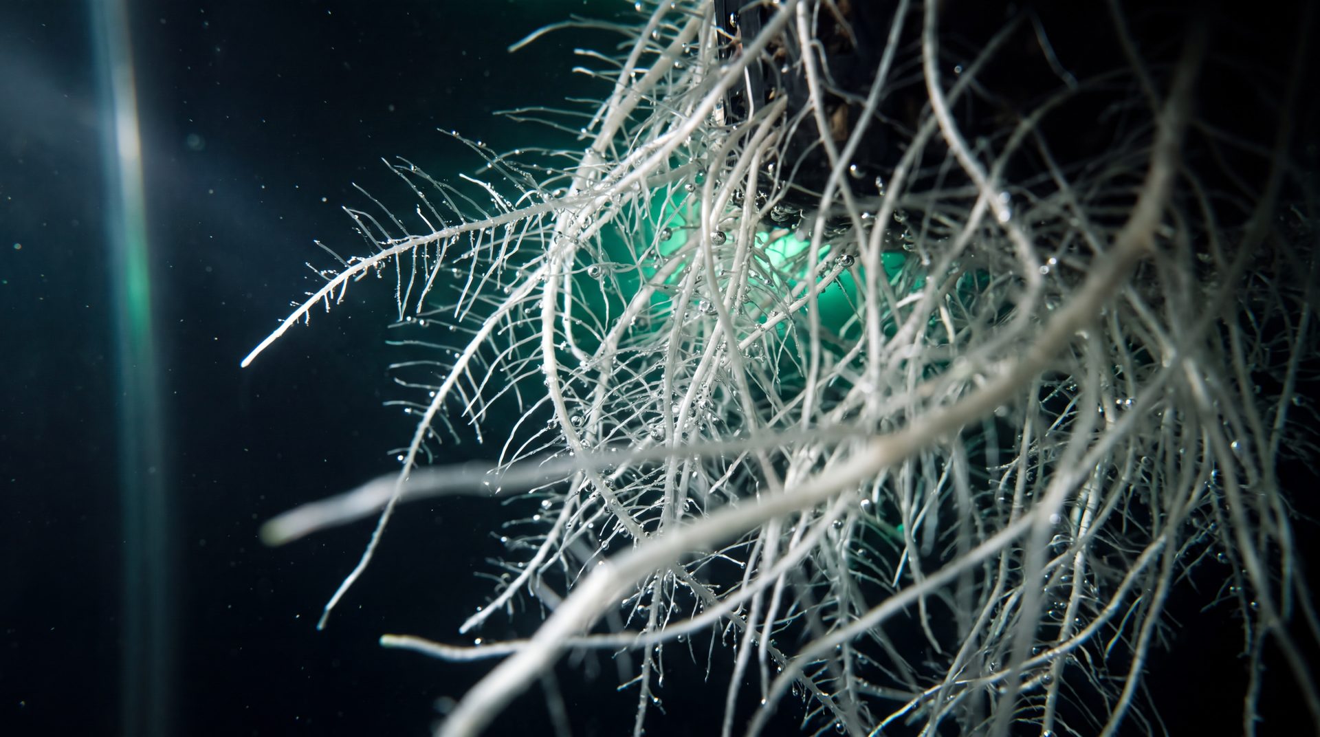 Extreme macro of a dense white hydroponic root mass suspended in dark water with oxygen bubbles along the strands