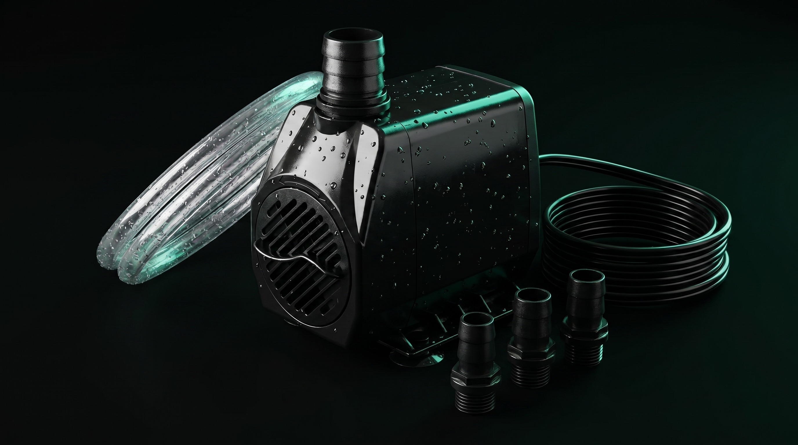 CHS HSB Series Submersible Pump — black pump with green rim light, nozzle adapters and tubing