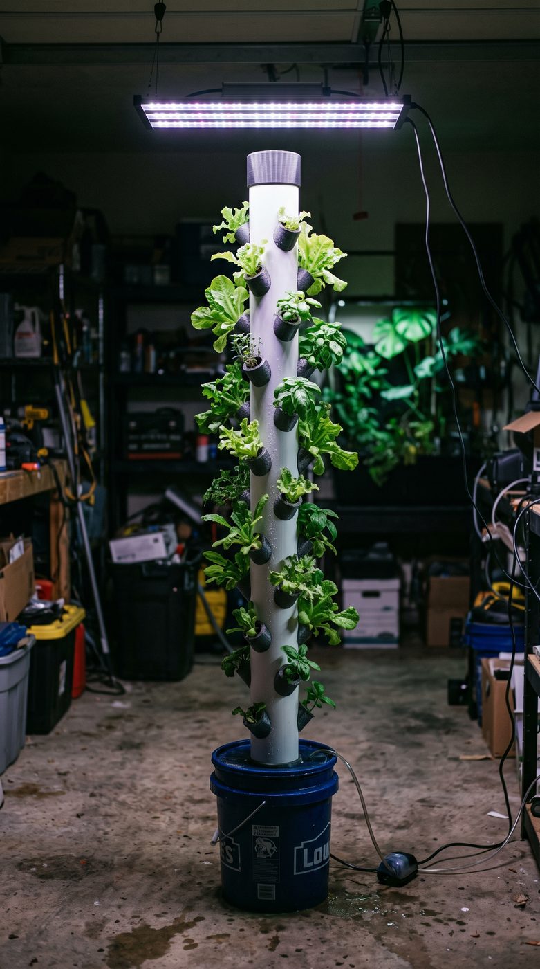 40-pod tower under a grow light