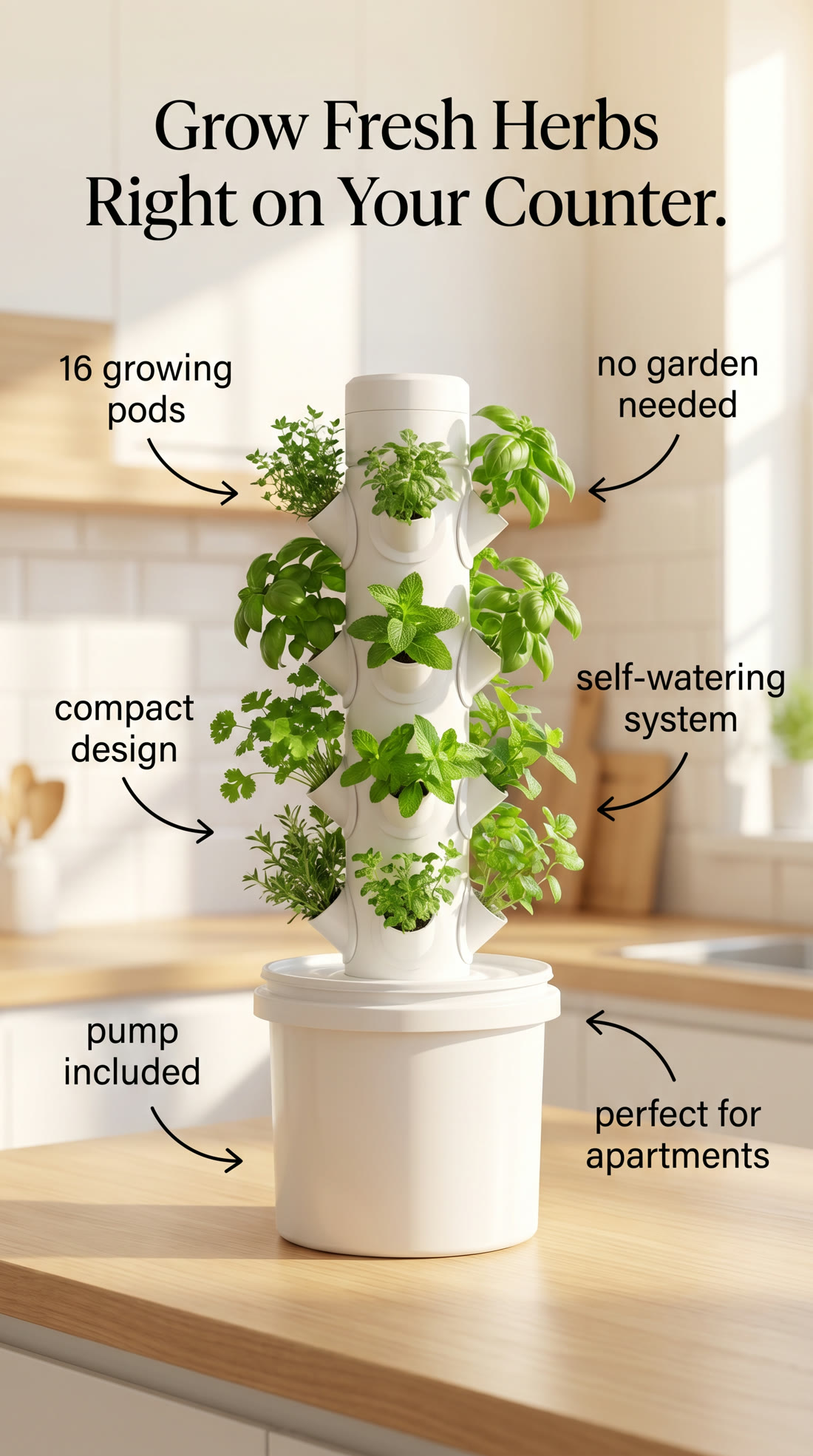 16-pod countertop hydroponic tower with feature callouts