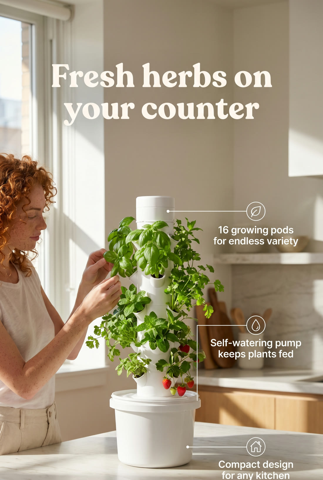 16-pod tower growing fresh herbs on a kitchen counter
