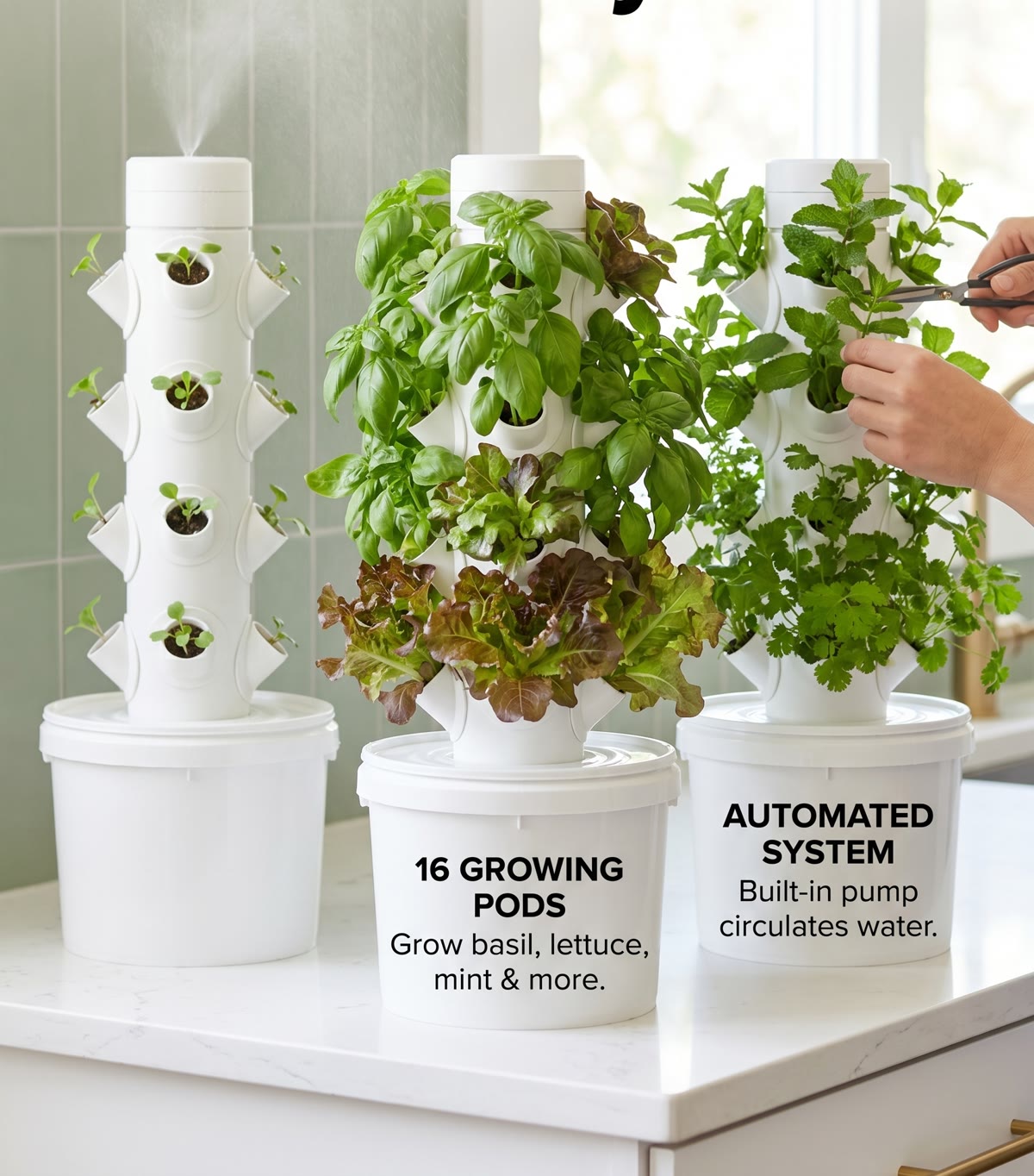 16-Pod Tabletop Tower — three growth stages from seedling to harvest