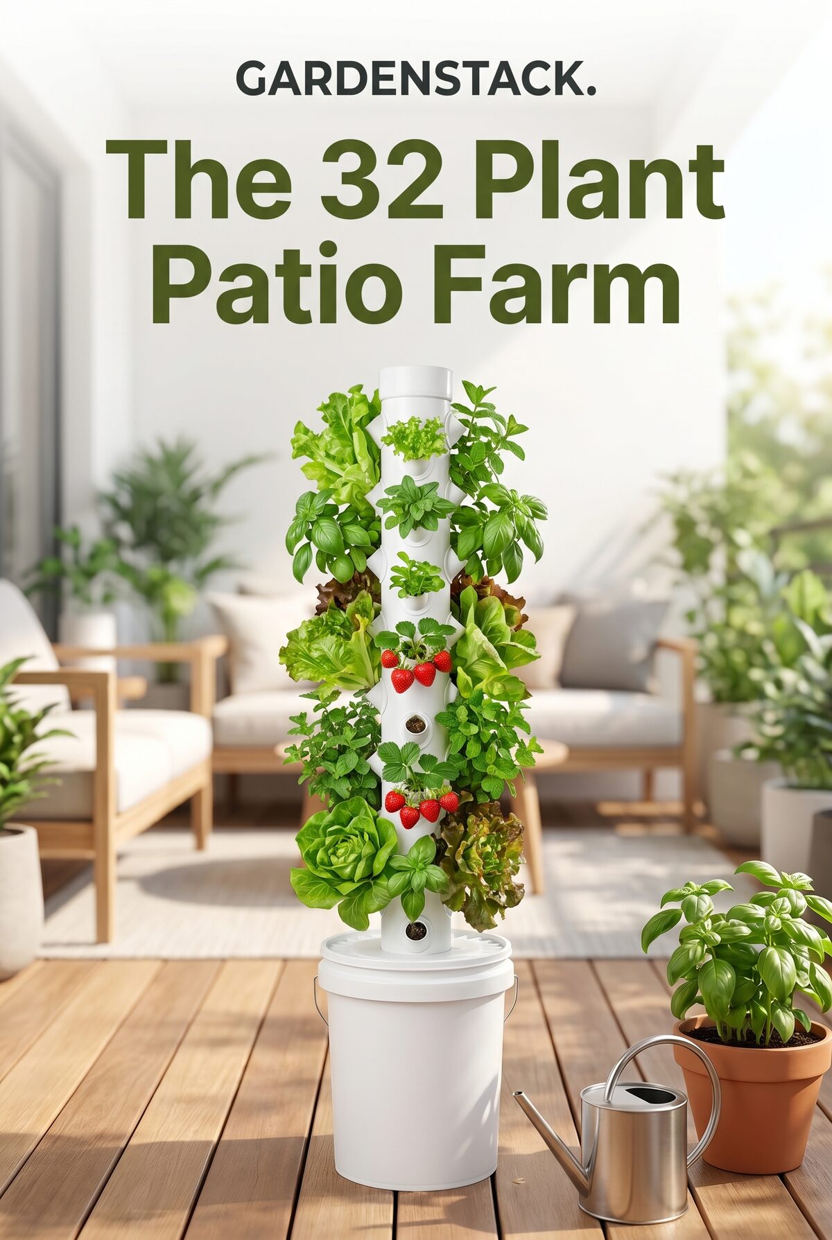 32-pod Custom Hydroponic Solutions tower with herbs, lettuce and strawberries on a patio