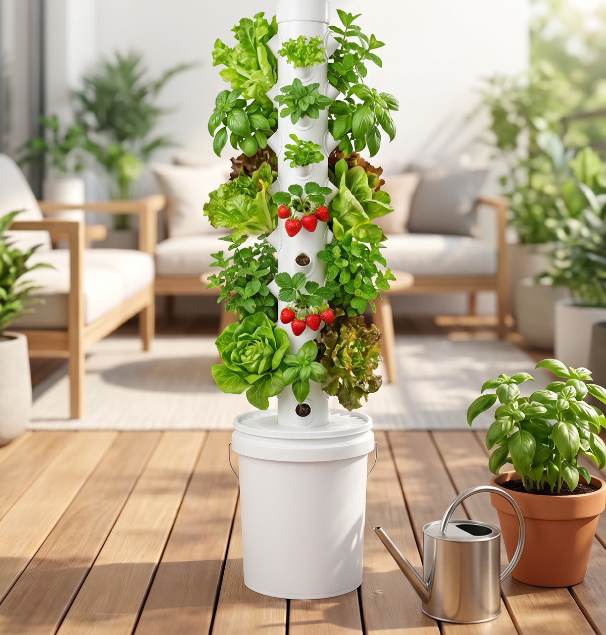 Hand-built 32-pod hydroponic tower growing lettuce, strawberries and herbs on a patio in Woodstock, GA